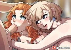 Rule 34 | 1boy, 2girls, annette fantine dominic, artist name, assisted fellatio, bisexual female, blonde hair, blue eyes, blurry, blurry background, blush, breasts, byleth (fire emblem), byleth (male) (fire emblem), completely nude, curly hair, depth of field, earrings, eyelashes, fellatio, fire emblem, fire emblem: three houses, green eyes, heart, heart-shaped pupils, heart in eye, hetero, highres, jewelry, kinkymation, lips, lipstick, looking at another, makeup, mercedes von martritz, multiple girls, nintendo, nude, open mouth, oral, orange hair, penis, penis grab, pink lips, purple eyes, sexual coaching, short hair, signature, smile, sweatdrop, symbol-shaped pupils, symbol in eye, tongue, uncensored, wavy hair