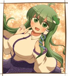 Rule 34 | 1girl, ahoge, bare shoulders, blue skirt, blush, border, breasts, detached sleeves, green eyes, green hair, hair between eyes, highres, japanese clothes, kochiya sanae, large breasts, long hair, nontraditional miko, open mouth, rokugou daisuke, signature, skirt, smile, solo, touhou, upper body, white border, white sleeves, wide sleeves