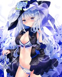 Rule 34 | 1girl, bare shoulders, black hat, blue bra, blue eyes, blue flower, blue hair, blue panties, blue rose, blurry, blurry background, blush, bra, breasts, cleavage, closed mouth, commentary request, depth of field, feathers, flower, hair between eyes, hand on hilt, hat, hat flower, highres, long hair, looking at viewer, medium breasts, nanase nao, navel, original, panties, rose, solo, sword, underwear, very long hair, weapon, white feathers