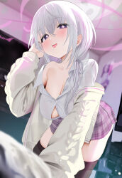 Rule 34 | 1girl, black thighhighs, blue eyes, blurry, blurry foreground, blush, breasts, cardigan, cleavage, commentary request, commission, gyoku seisyoku, heart, heart-shaped pupils, highres, indie virtual youtuber, indoors, large breasts, long sleeves, looking at viewer, low twintails, miniskirt, naito mare (vtuber), naughty face, no bra, pink skirt, plaid, plaid skirt, pleated skirt, puffy long sleeves, puffy sleeves, shirt, single bare shoulder, single off shoulder, skeb commission, skirt, solo, symbol-shaped pupils, thighhighs, tongue, tongue out, twintails, virtual youtuber, white hair, white shirt, yellow cardigan