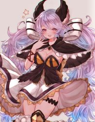 Rule 34 | 1girl, :d, arm behind back, black capelet, blue hair, blush, bow, breasts, bridal garter, capelet, cleavage, fang, fur trim, granblue fantasy, hair between eyes, hair ribbon, hand up, highres, large breasts, long hair, looking at viewer, low twintails, multicolored hair, open mouth, purple eyes, purple hair, ribbon, rice tea, satyr (granblue fantasy), simple background, smile, solo, star (symbol), twintails, very long hair, white bow