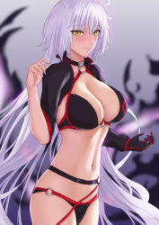 Rule 34 | 1girl, absurdres, ahoge, bikini, black bikini, black choker, black gloves, black jacket, blush, breasts, choker, cleavage, collarbone, cropped jacket, fate/grand order, fate (series), freed turing, gloves, highres, jacket, jeanne d&#039;arc alter (swimsuit berserker) (fate), jeanne d&#039;arc (fate), jeanne d&#039;arc alter (fate), jeanne d&#039;arc alter (swimsuit berserker) (fate), large breasts, long hair, long sleeves, looking at viewer, o-ring, o-ring bikini, shrug (clothing), silver hair, smile, solo, swimsuit, thighs, very long hair, yellow eyes