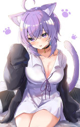 Rule 34 | 1girl, absurdres, ahoge, amefukura art, animal ear fluff, black choker, black jacket, blush, breasts, cat girl, cat tail, choker, cleavage, collared shirt, commentary request, cowboy shot, fang, hair between eyes, hand up, highres, hololive, jacket, large breasts, long hair, long sleeves, medium hair, neck ribbon, nekomata okayu, nekomata okayu (oversized shirt), off shoulder, official alternate costume, open clothes, open jacket, open mouth, purple eyes, purple hair, purple ribbon, ribbon, shirt, sidelocks, simple background, sitting, sleeves past fingers, sleeves past wrists, solo, tail, tail raised, virtual youtuber, white background, white shirt