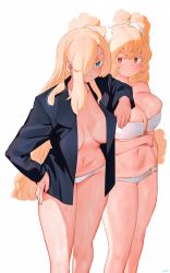 Rule 34 | 2girls, bikini, bikini bottom only, black shirt, blonde hair, blue eyes, blush, breasts, cleavage, closed mouth, commentary, english commentary, hair over one eye, hand on own hip, highres, jitome, large breasts, legs together, long hair, looking at viewer, miami-chan (ryusei hashida), mofu mofuko (ryusei hashida), multiple girls, navel, no bra, one eye covered, open clothes, open shirt, original, red eyes, ryusei hashida, shirt, simple background, smile, standing, swimsuit, twintails, very long hair, wet, white background, white bikini