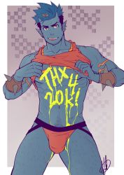 Rule 34 | 1boy, abs, bara, bare arms, bare pectorals, blue oni, blue skin, body writing, bodypaint, bracelet, bulge, chest hair, clothes lift, colored skin, earrings, facial hair, hairy, horns, jasdavi, jewelry, jockstrap, large pectorals, lifted by self, male focus, male underwear, milestone celebration, multicolored hair, muscular, navel, navel hair, nipples, oni, oni horns, orange eyes, orange tank top, original, oskar (jasdavi), pectorals, pointy ears, red eyes, shirt lift, short hair, sideburns, smile, solo, spiked bracelet, spikes, streaked hair, stubble, tank top, thick thighs, thighs, underwear