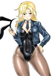 Rule 34 | 1girl, :t, adapted costume, animal ears, bare shoulders, between breasts, black jacket, black leotard, black pantyhose, blonde hair, blue eyes, bow, bowtie, breasts, cleavage, cowboy shot, detached collar, fake animal ears, hairband, hornet (kancolle), jacket, kantai collection, large breasts, leotard, long hair, looking at viewer, necktie, necktie between breasts, non-web source, pantyhose, playboy bunny, rabbit ears, solo, strapless, strapless leotard, traditional bowtie, unworn hairband, wrist cuffs