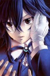 Rule 34 | 00s, 1boy, androgynous, black hair, brooch, brown eyes, close-up, colorized, fingernails, gloves, hand on another&#039;s cheek, hand on another&#039;s face, jewelry, leo (pandora hearts), male focus, numina, pandora hearts, solo focus, spoilers, tears