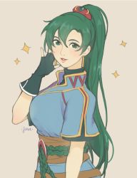 Rule 34 | 1girl, arm at side, earrings, female focus, fingerless gloves, fire emblem, fire emblem: the blazing blade, gloves, green eyes, green hair, hair between eyes, hand up, jewelry, jivke, long hair, looking at viewer, lyn (fire emblem), matching hair/eyes, neck, nintendo, non-web source, parted lips, ponytail, smile, solo