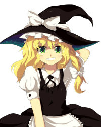 Rule 34 | 1girl, apron, arm behind head, blizzomos, blonde hair, bow, braid, green eyes, grin, hair bow, hat, hat bow, highres, kirisame marisa, looking at viewer, puffy sleeves, short sleeves, side braid, single braid, smile, solo, touhou, upper body, waist apron, white background, witch hat, yellow eyes