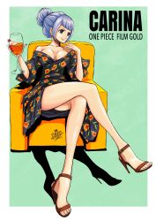 Rule 34 | 1girl, absurdres, alternate costume, artist name, blue eyes, breasts, carina (one piece), character name, cleavage, copyright name, dress, drink, hair bun, high heels, highres, nail polish, oil-paper umbrella, one piece, one piece film: gold, purple hair, sherumaru (korcht06), single hair bun, sitting
