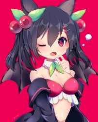 Rule 34 | 1girl, animal ears, artist name, bare shoulders, bat ears, bat wings, black hair, black jacket, breasts, cherry, cherry hair ornament, cleavage, fang, food, food-themed hair ornament, fruit, hair between eyes, hair ornament, hairclip, hand up, jacket, leaf, long hair, long sleeves, medium breasts, off shoulder, one eye closed, open clothes, open jacket, open mouth, original, pink background, solo, twintails, wings, yuma (pixiv38148735)