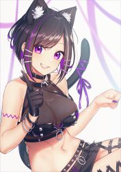 Rule 34 | 1girl, absurdres, animal ear fluff, animal ears, armpit crease, bangle, bare arms, bare shoulders, belt, black choker, black gloves, black shirt, black skirt, bracelet, breasts, cat ears, cat girl, cat tail, choker, cleavage, crop top, extra ears, fang, garter straps, gloves, grin, highres, index finger raised, indie virtual youtuber, jewelry, kanda miu, kitazume kumie, large breasts, lips, looking at viewer, midriff, miniskirt, multicolored hair, nail polish, navel, purple eyes, purple nails, ribbon, see-through, shirt, short hair, sidelocks, single glove, skirt, sleeveless, sleeveless shirt, smile, solo, stomach, streaked hair, studded belt, tail, tail ornament, tail raised, tail ribbon, virtual youtuber, wristband