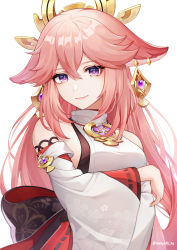 Rule 34 | 1girl, absurdres, animal ears, back bow, bare shoulders, blush, bow, breasts, closed mouth, commentary request, crossed arms, earrings, fingernails, fox ears, genshin impact, headgear, highres, hn (honyori ta), japanese clothes, jewelry, large breasts, lips, long hair, long sleeves, looking at viewer, miko, necklace, obi, pink hair, print sash, print sleeves, purple eyes, ribbon trim, sash, sideboob, sidelocks, simple background, smile, solo, standing, turtleneck, twitter username, white background, white sleeves, wide sleeves, yae miko