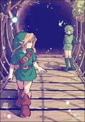 Rule 34 | 1boy, 1girl, belt, blonde hair, boots, brown footwear, collar, commentary request, fairy, floating, green collar, green footwear, green hair, green headwear, green tunic, kwsby 124, link, navi, nintendo, pointy ears, saria (zelda), shield, shield on back, short hair, sword, the legend of zelda, the legend of zelda: ocarina of time, walking, weapon, weapon on back, wooden bridge, wooden shield, young link
