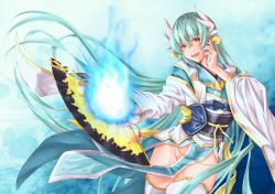 Rule 34 | 1girl, absurdres, aqua hair, aqua kimono, blue background, cowboy shot, dragon girl, dragon horns, fate/grand order, fate (series), folding fan, gold trim, hand fan, hand on own cheek, hand on own face, highres, holding, holding fan, horns, huge filesize, japanese clothes, kimono, kiyohime (fate), kuromu, looking at viewer, no panties, obi, pelvic curtain, sash, solo, thighhighs, white thighhighs, wide sleeves, yellow eyes