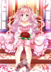 Rule 34 | 10s, 1girl, :d, ahoge, altar, bare shoulders, black-framed eyewear, blush, bouquet, bow, breasts, bridal veil, bride, brown eyes, candle, church, cleavage, collarbone, cross, dress, elbow gloves, flower, frills, full body, gem, glasses, gloves, hair flower, hair ornament, heterochromia, high heels, highres, holding, holding bouquet, indoors, jewelry, kantai collection, long sleeves, looking at viewer, makigumo (kancolle), no legwear, open mouth, petals, pink bow, pink dress, pink hair, pink ribbon, purple eyes, red flower, red gemstone, red rose, ribbon, rose, rose petals, sakuranoyukke, see-through, semi-rimless eyewear, sitting, small breasts, smile, solo, stairs, strapless, strapless dress, stuffed animal, stuffed rabbit, stuffed toy, tiara, under-rim eyewear, veil, wax, wedding dress, white gloves, window