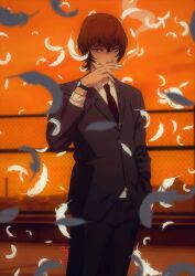 Rule 34 | 1boy, alesio rossino, brown hair, chain-link fence, cigarette, cloud, collared shirt, crossed bangs, feathers, fence, formal, hair between eyes, hand in pocket, highres, hitomi hirosuke (sayonara wo oshiete), holding, holding cigarette, looking at viewer, male focus, necktie, on roof, orange sky, outdoors, red necktie, rooftop, sanpaku, sayonara wo oshiete, shirt, sky, smile, smoke, smoking, solo, suit, twilight, watch, wristwatch