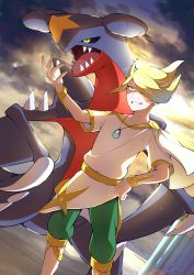 Rule 34 | 1boy, absurdres, blonde hair, bracelet, capri pants, cloud, commentary request, crack, creatures (company), game freak, garchomp, gen 4 pokemon, green pants, grn, hand on own hip, hand up, highres, jewelry, male focus, necklace, nintendo, outdoors, pants, pillar, pokemon, pokemon (creature), pokemon legends: arceus, pon yui, ruins, shirt, short hair, short sleeves, sky, smile, standing, teeth, volo (pokemon), white shirt