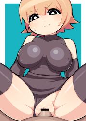 Rule 34 | 1boy, 1girl, bar censor, black eyes, black gloves, black shirt, black skirt, black thighhighs, blonde hair, blue background, blush, bright pupils, censored, clitoris, closed mouth, clothed sex, commentary, cookie (touhou), covered erect nipples, cowboy shot, elbow gloves, fake meguru (cookie), gloves, hair between eyes, hetero, hospital king, impossible clothes, impossible shirt, latex, latex gloves, latex thighhighs, looking at viewer, medium bangs, pencil skirt, penis, pov, pov crotch, pussy, shiny skin, shirt, short hair, skirt, sleeveless, sleeveless shirt, smile, solo focus, textless version, thighhighs, two-tone background, vaginal, white background, white pupils