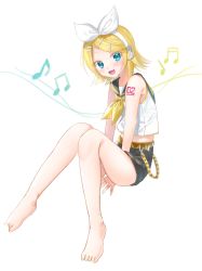 Rule 34 | 1girl, :d, barefoot, between legs, black sailor collar, black shorts, blonde hair, blue eyes, blush, bow, collared shirt, crop top, full body, hair bow, hair ornament, hairband, hairclip, hand between legs, headphones, highres, kagamine rin, looking at viewer, midriff, musical note, neckerchief, open mouth, parted bangs, sailor collar, sailor shirt, shirt, short hair, short shorts, shorts, simple background, sleeveless, sleeveless shirt, smile, solo, stomach, vocaloid, white background, white bow, white hairband, white shirt, yellow neckerchief, zuzuhashi