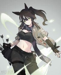 Rule 34 | 1girl, absurdres, animal ears, arknights, arrow (projectile), asymmetrical gloves, belt, black belt, black cape, black gloves, black hair, black pants, black shirt, cape, character name, closed mouth, copyright name, cowboy shot, crop top, fingerless gloves, gloves, green eyes, grey background, grey jacket, hair between eyes, highres, holding, holding arrow, horse ears, jacket, long hair, looking at viewer, meteor (arknights), meteor (elite ii) (arknights), midriff, mole, mole under eye, multicolored hair, navel, open clothes, open jacket, pants, ponytail, quiver, retri, shirt, smile, solo, standing, stomach, streaked hair, weapon, white hair