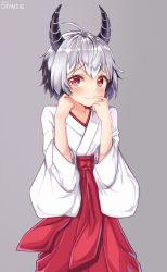 Rule 34 | 1girl, absurdres, antenna hair, artist name, bad id, bad pixiv id, black hair, blush, closed mouth, finger to mouth, grey background, grey hair, highres, horns, japanese clothes, long sleeves, looking at viewer, miko, multicolored hair, nervous, oni, original, rachel bouvier, red eyes, short hair, simple background, solo, two-tone hair, wavy mouth
