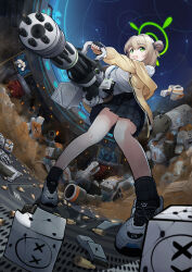 Rule 34 | 1girl, absurdres, black skirt, black socks, blue archive, blush, breasts, drawing rak, green eyes, green halo, gun, halo, highres, holding, holding gun, holding weapon, jacket, large breasts, light brown hair, long hair, long sleeves, nonomi (blue archive), open clothes, open jacket, open mouth, pleated skirt, shoes, skirt, smile, socks, solo, standing, weapon, white footwear, yellow jacket