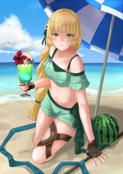 Rule 34 | 1girl, beach, beach umbrella, bikini, blonde hair, blue sky, brown gloves, closed mouth, cloud, cup, day, drinking straw, fingerless gloves, fire emblem, fire emblem: three houses, fire emblem heroes, flower, food, fruit, glass, gloves, green eyes, hair flower, hair ornament, highres, holding, holding cup, ingrid brandl galatea, long hair, nintendo, off-shoulder bikini, off shoulder, outdoors, polearm, sky, solo, swimsuit, tyotto ko i, umbrella, water, watermelon, weapon