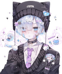 Rule 34 | &gt; &lt;, 1boy, animal ear headwear, animal ears, bandaid, bandaid hair ornament, bandaid on cheek, bandaid on face, beanie, bishounen, black collar, black hat, black pants, black sweater, blue eyes, blue hair, blurry, blurry foreground, blush, blush stickers, bow, candy, chibi, chibi inset, closed mouth, collar, fake animal ears, fish skeleton hair ornament, food, hair bow, hair ornament, hair over one eye, hairclip, hand on own chest, hat, hat ornament, heart, heart hat ornament, hickey, highres, hiro 0607, holding, holding letter, letter, letter hair ornament, long sleeves, love letter, male focus, necktie, open mouth, original, outline, pants, pill, pom pom (clothes), pom pom beanie, purple footwear, purple necktie, shirt, simple background, sleeves past wrists, solo, sparkle, sweater, upper body, wavy mouth, white background, white bow, white outline, white shirt, wing hair ornament, x hair ornament