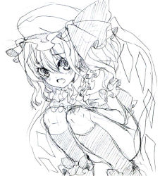 Rule 34 | 1girl, bad id, bad pixiv id, bottomless, fang, female focus, flandre scarlet, graphite (medium), greyscale, hands on own knees, hat, monochrome, sketch, socks, solo, squatting, tm (gf-tm), touhou, traditional media, wings