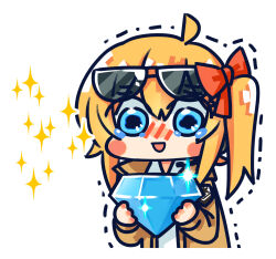 Rule 34 | 1girl, ahoge, blue eyes, blue gemstone, blush, blush stickers, brown jacket, chibi, chinese commentary, commentary request, eyewear on head, gem, girls&#039; frontline, hair between eyes, hair ribbon, highres, holding, holding gem, jacket, kalina (girls&#039; frontline), long hair, long sleeves, official art, open mouth, orange hair, red ribbon, ribbon, shirt, side ponytail, simple background, smile, solo, sparkle, su xiao jei, sunglasses, tearing up, tears, trembling, upper body, white background, white shirt