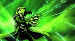 Rule 34 | 10s, 1boy, akame ga kill!, gloves, goggles, goggles on head, gradient background, green background, green eyes, green hair, green jacket, highres, jacket, lubbock, male focus, matching hair/eyes, smirk, solo, wire