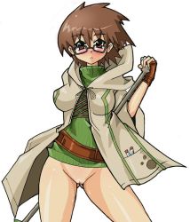 Rule 34 | 0k0j0, 1girl, :&lt;, aussa the earth charmer, blush, bottomless, breasts, brown eyes, brown hair, cloak, duel monster, fingerless gloves, frown, glasses, gloves, no pants, pussy, shirt, short hair, solo, sweat, sweatdrop, turtleneck, uncensored, yu-gi-oh!, yu-gi-oh! duel monsters