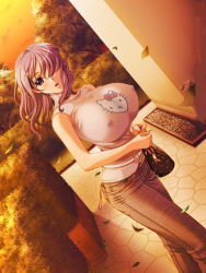 Rule 34 | bag, belt, blush, breasts, covered erect nipples, hair over one eye, handbag, hello kitty, huge breasts, impossible clothes, impossible shirt, large breasts, pink hair, sano toshihide, sanrio, shirt, surprised, third-party edit