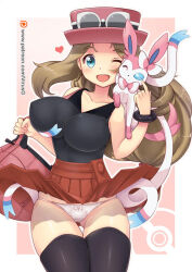 Rule 34 | 1girl, blonde hair, bouncing breasts, breasts, creatures (company), game freak, gen 6 pokemon, hat, impossible clothes, large breasts, long hair, nintendo, panties, pokemon, pokemon xy, serena (pokemon), skin tight, smile, solo, sylveon, unaligned breasts, underwear, virus-g