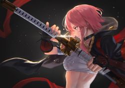 Rule 34 | 1girl, absurdres, alchemy stars, black background, breasts, choker, commentary request, hara kenshi, highres, hiiro (alchemy stars), holding, holding sword, holding weapon, medium breasts, pink hair, purple eyes, sarashi, sheath, sheathed, short hair, simple background, solo, spiked gauntlets, sword, upper body, weapon