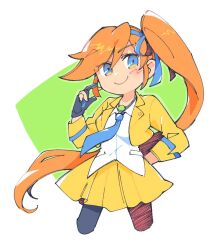 Rule 34 | 1girl, ace attorney, athena cykes, black gloves, blue eyes, blue necktie, closed mouth, collared shirt, commentary request, crescent, crescent earrings, cropped jacket, cropped legs, earrings, gloves, hair between eyes, hair ribbon, hand up, jacket, jewelry, long hair, looking at viewer, miniskirt, necklace, necktie, orange hair, partially fingerless gloves, pleated skirt, ribbon, shipen (ssokiba156), shirt, side ponytail, single earring, skirt, smile, solo, standing, very long hair, white shirt, yellow jacket, yellow skirt