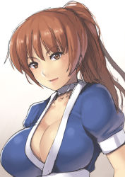 Rule 34 | 1girl, breasts, brown eyes, brown hair, choker, cleavage, dead or alive, gradient background, kasumi (doa), large breasts, lips, long hair, looking at viewer, nagase haruhito, ponytail, simple background, solo, tecmo, upper body