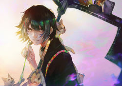 Rule 34 | 1boy, animal, animal on shoulder, black background, black hair, cat, collared shirt, commentary request, from side, hair between eyes, hair ornament, highres, holding, holding knife, holding scythe, knife, kyuuba melo, male focus, multicolored background, official style, polka dot, purple background, scythe, shirt, short hair, smile, stitches, suspenders, suzuya juuzou, teeth, tokyo ghoul, tokyo ghoul:re, upper body