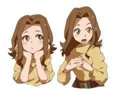 Rule 34 | 1girl, bad id, bad pixiv id, brown eyes, brown hair, closed mouth, commentary request, digimon, digimon adventure, long hair, mimxxpk, official alternate costume, open mouth, simple background, solo, tachikawa mimi, white background