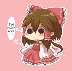 Rule 34 | 1girl, ahoge, blush stickers, brown hair, chibi, detached sleeves, hair ribbon, hair tubes, hakurei reimu, hard-translated, japanese clothes, miko, ribbon, same anko, solo, third-party edit, thought bubble, touhou, translated, wide sleeves