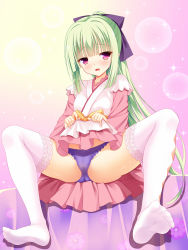 Rule 34 | 1girl, :o, argyle, argyle clothes, argyle legwear, bashen chenyue, black ribbon, blunt bangs, blush, cameltoe, clothes lift, commentary request, dress, dress lift, feet, floral print, frilled thighhighs, frills, from below, full body, gradient background, green hair, hair ribbon, half-closed eyes, highres, layered sleeves, long hair, long sleeves, looking at viewer, murasame (senren), no shoes, panties, pink dress, pink eyes, ponytail, purple background, purple panties, ribbon, sash, senren banka, shadow, shiny skin, short dress, short over long sleeves, short sleeves, sidelocks, sitting, soles, solo, sparkle, thighhighs, underwear, very long hair, white thighhighs, yellow background, yuzu-soft