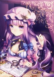 Rule 34 | 1girl, absurdres, adjusting hair, blunt bangs, blush, book, bow, breast hold, breasts, cleavage, crescent, crescent hair ornament, curtains, embroidery, hair bow, hair ornament, hat, highres, large breasts, long hair, looking at viewer, masaru.jp, patchouli knowledge, purple eyes, purple hair, solo, touhou