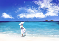 Rule 34 | 1girl, barefoot, beach, blue sky, cloud, cloudy sky, commentary, day, dress, from behind, hat, ishii hisao, original, outdoors, sky, sleeveless, sleeveless dress, solo, sun hat, white dress, white hair