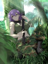 Rule 34 | 10s, 1girl, :&lt;, ahoge, bare arms, behind tree, boots, breasts, camouflage, camouflage pants, cleavage, combat boots, crop top, cross-laced footwear, day, dog tags, forest, gun, hair between eyes, hiding, highres, kuroudo (senran kagura), lace-up boots, large breasts, midriff, nature, navel, official art, on one knee, pants, rifle, senran kagura, senran kagura new wave, short hair, sniper rifle, solo, textless version, trigger discipline, weapon, yaegashi nan