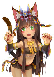 Rule 34 | 1girl, 3.14, animal ears, bandeau, bastet (p&amp;d), black hair, blush, braid, breasts, cat ears, cat tail, dark skin, dark-skinned female, fang, green eyes, highres, long hair, looking at viewer, midriff, nail polish, navel, open mouth, puzzle &amp; dragons, small breasts, solo, strapless, tail, tube top