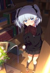 Rule 34 | 1girl, ahoge, black skirt, black socks, blue eyes, blurry, blush, book, bookshelf, commentary request, depth of field, holding, holding book, indoors, long sleeves, looking at viewer, mary janes, ogipote, open book, original, shoes, silver hair, skirt, sleeves past wrists, socks, solo, sunlight, twintails