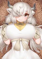 Rule 34 | 1girl, ahoge, animal ears, black horns, breasts, brown eyes, closed mouth, dress, from above, gloves, grey hair, grey horns, hair over one eye, hair ribbon, hand on own chest, hands up, hay, head tilt, highres, horns, huge breasts, impossible clothes, impossible dress, kemono friends, kemono friends 3, long bangs, long hair, lying, multicolored horns, on back, ox ears, ox horns, parted bangs, ribbon, shirt, smile, solo, twintails, upper body, very long hair, white dress, yak (kemono friends), yellow shirt, yonkuron
