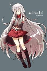 Rule 34 | 1girl, ahoge, belt, black footwear, blush, boots, character name, detached sleeves, full body, grey background, grey shirt, highres, knee boots, long hair, looking to the side, pleated skirt, red skirt, shirt, sidelocks, skirt, sleeves past fingers, sleeves past wrists, solo, spispiccc, sukone tei, twitter username, utau, very long hair, white hair, yellow eyes