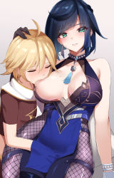 Rule 34 | 1boy, 1girl, aether (genshin impact), ahoge, asymmetrical gloves, bare shoulders, black hair, black pants, blonde hair, blue dress, blue hair, blush, bob cut, breast sucking, breasts, brown shirt, cleavage, cleavage cutout, closed eyes, clothing cutout, cropped shirt, diagonal bangs, dice, dress, earrings, fingering, fishnets, genshin impact, gloves, green eyes, grin, haneramu, hetero, highres, jewelry, large breasts, long hair, looking at viewer, mismatched gloves, mole, mole on breast, multicolored hair, neck ring, one breast out, pants, pelvic curtain, scarf, shirt, short hair, short sleeves, smile, tassel, thighs, tight clothes, tight pants, two-tone hair, white scarf, yelan (genshin impact)